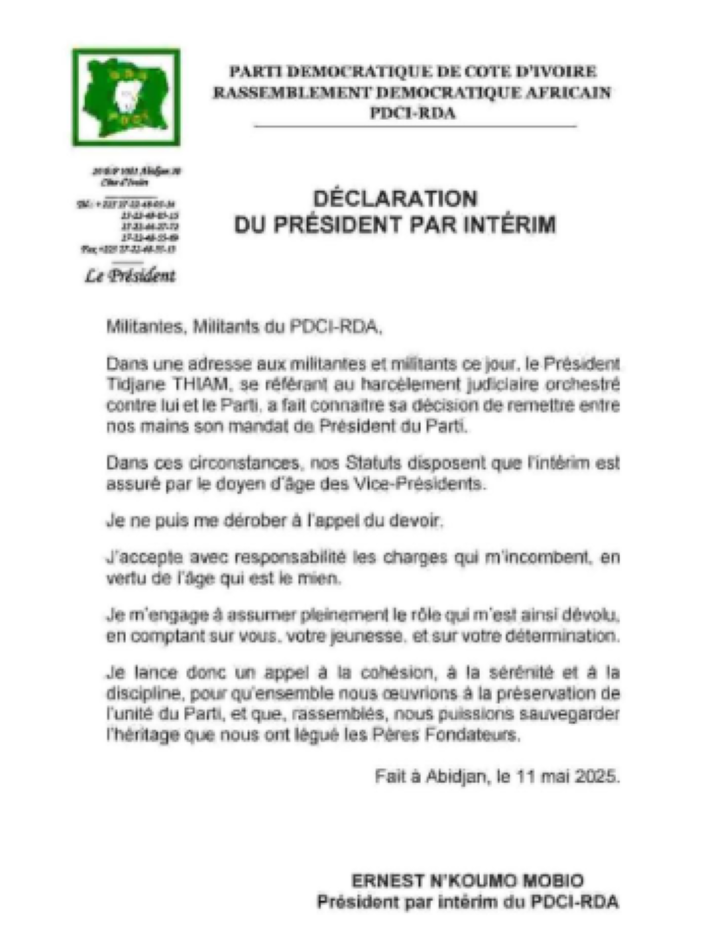 [PDCI-RDA] Tidjane Thiam démissionne provisoirement de la présidence