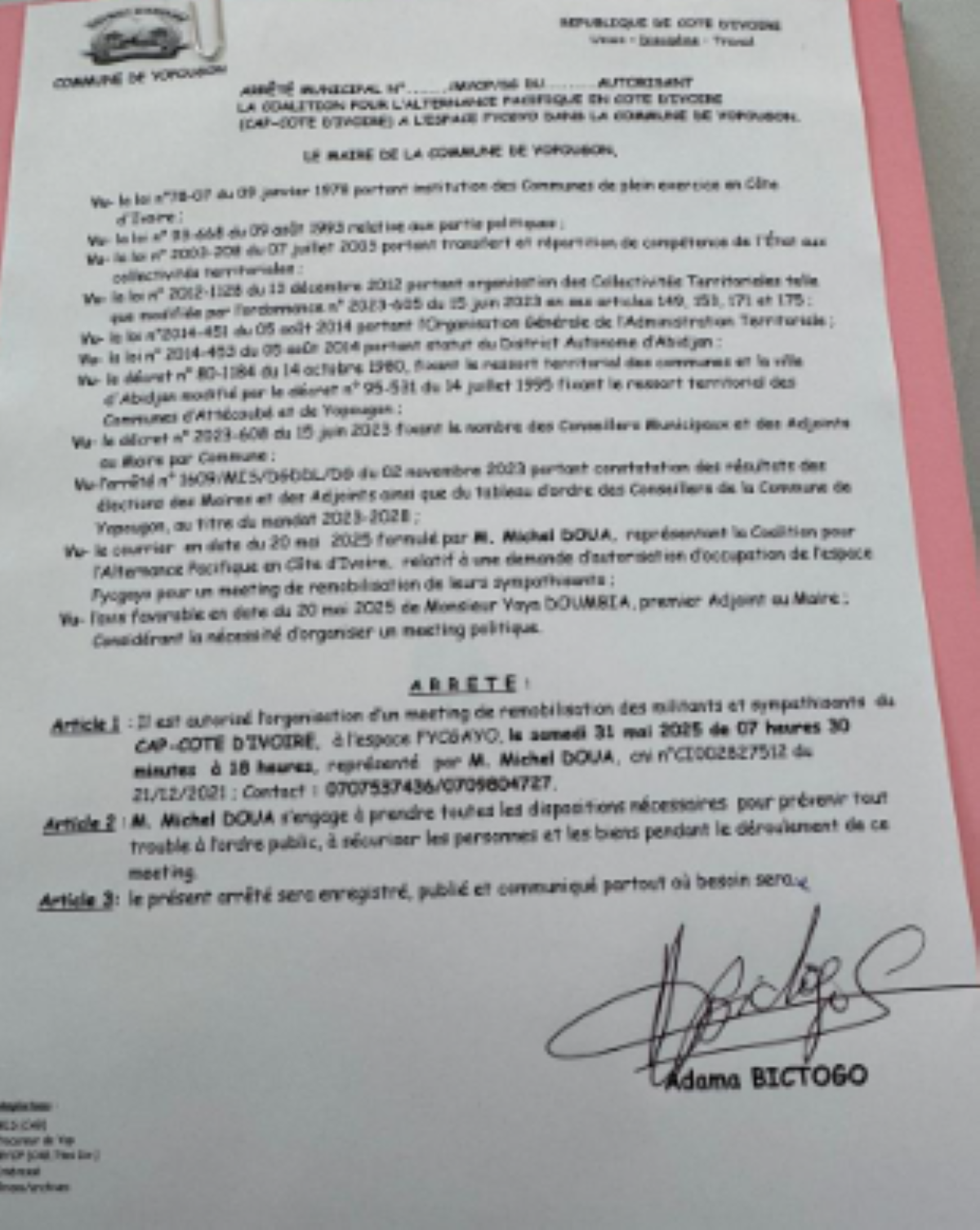 [Démocratie en marche à Yopougon] CAP-Côte d’Ivoire autorisé à organiser un meeting de remobilisation