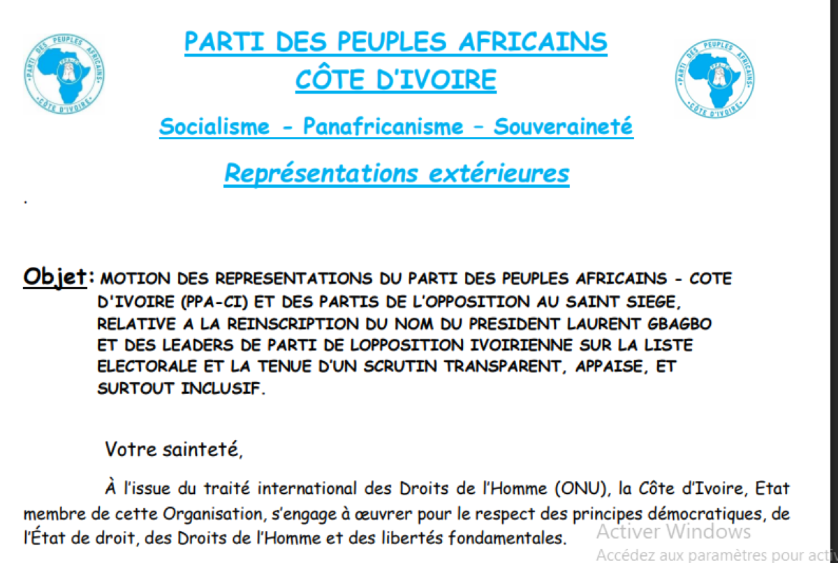 [Côte d’Ivoire] Le PPA-CI saisit le pape pour la réinscription de Gbagbo et un scrutin 2025 inclusif