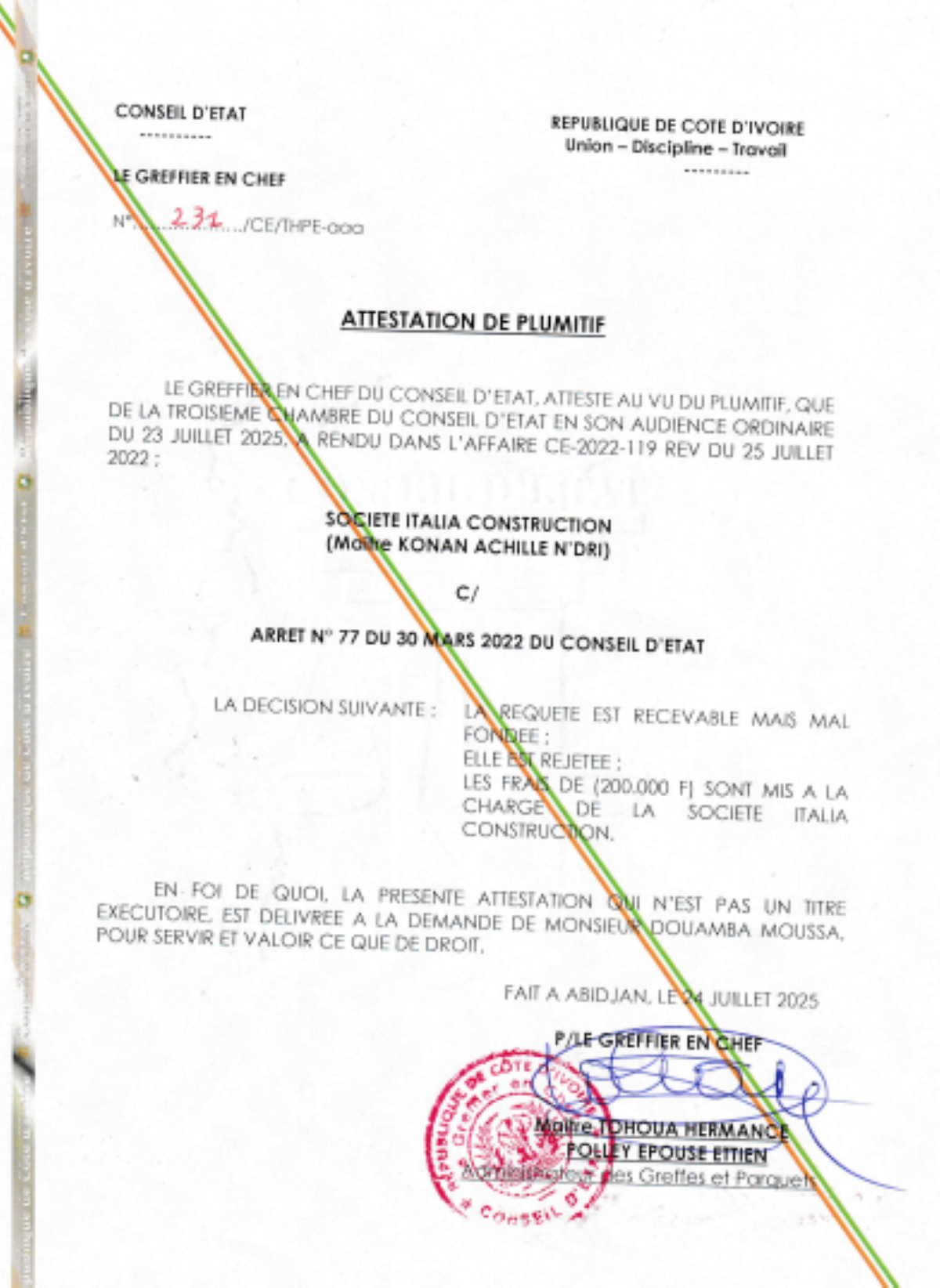 [Affaire Italia Construction] Le Conseil d’État rejette la requête et condamne aux frais