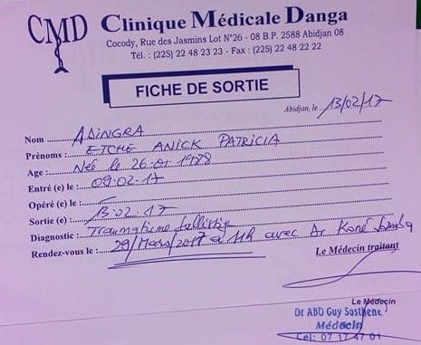La fiche de sortie de dame Annick Adingra. Ph. S.K.